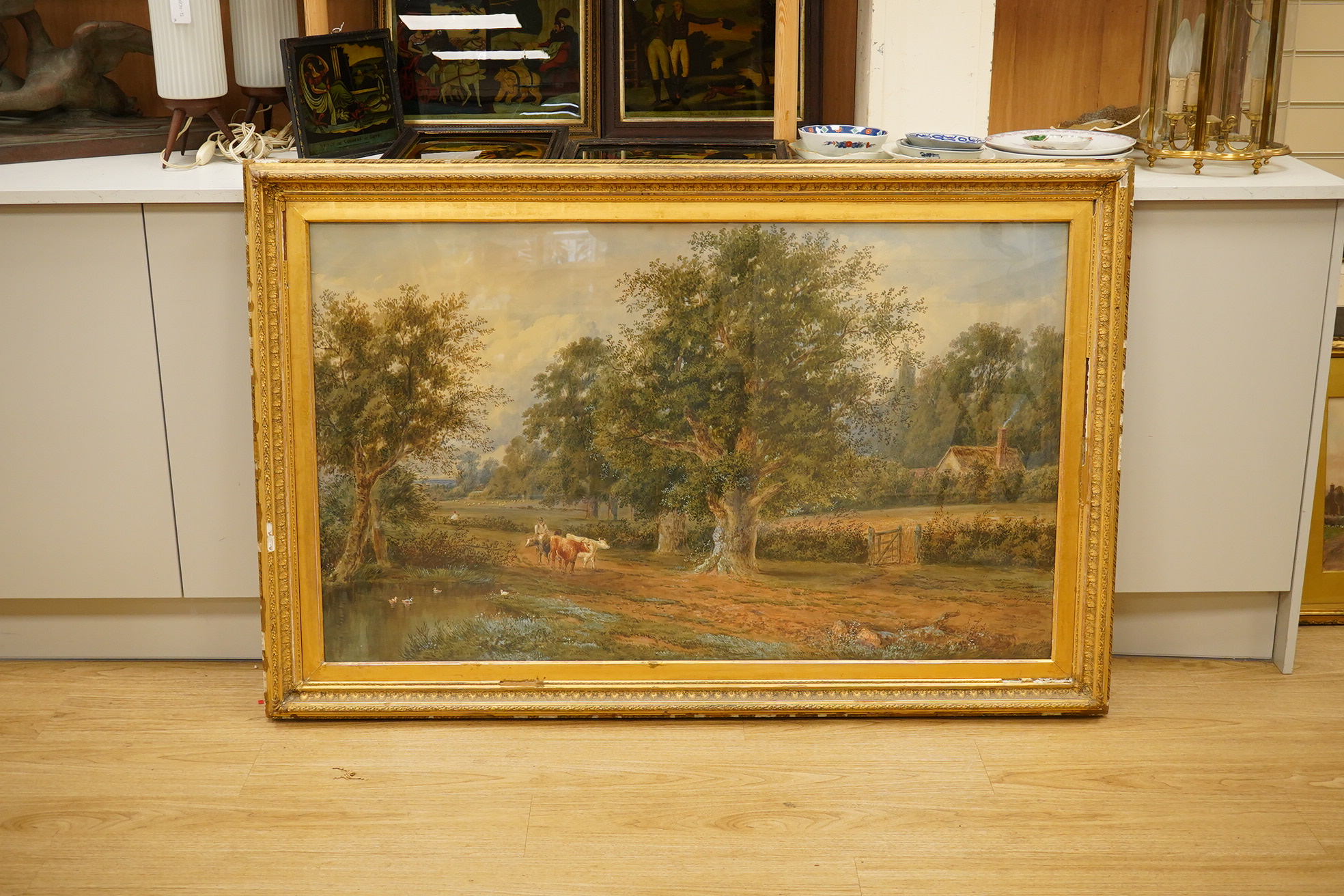 A large 19th century, heightened watercolour, ‘Near Godalming’, indistinctly signed S. Shepard?, 76 x 125cm, ornate gilt frame. Condition - fair, some losses to the frame